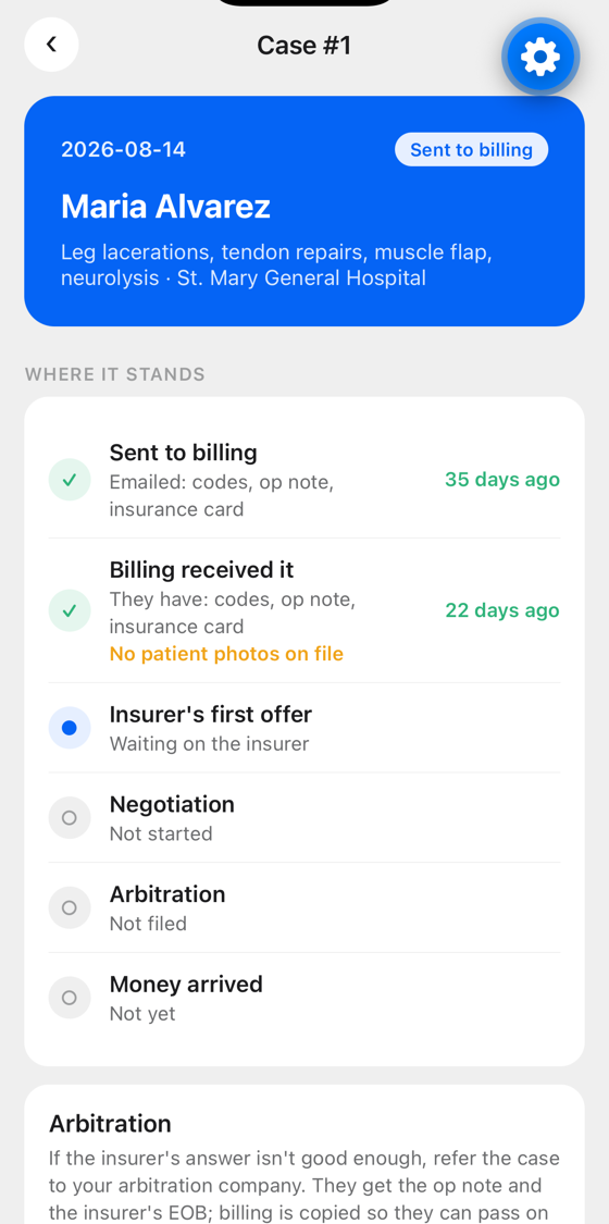 A case's timeline: sent, received, waiting on the insurer