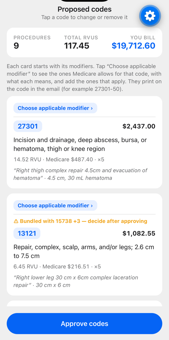 Proposed codes with RVUs, Medicare rate, and the quoted evidence