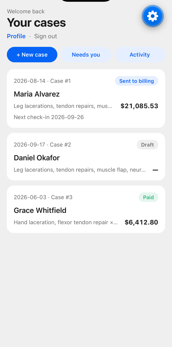 Your cases: each surgery with its status, amount, and next check-in
